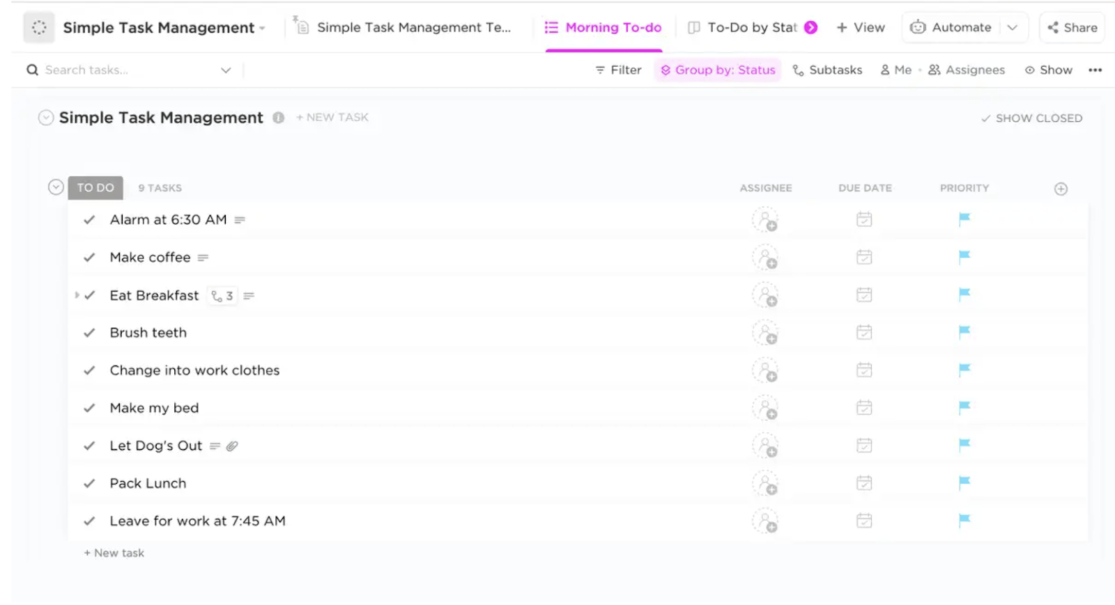 Modèle simple de gestion des tâches de ClickUp  