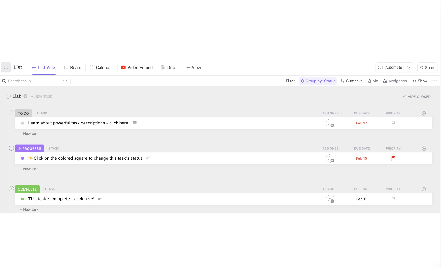 Modèle de liste de tâches de projet de ClickUp  