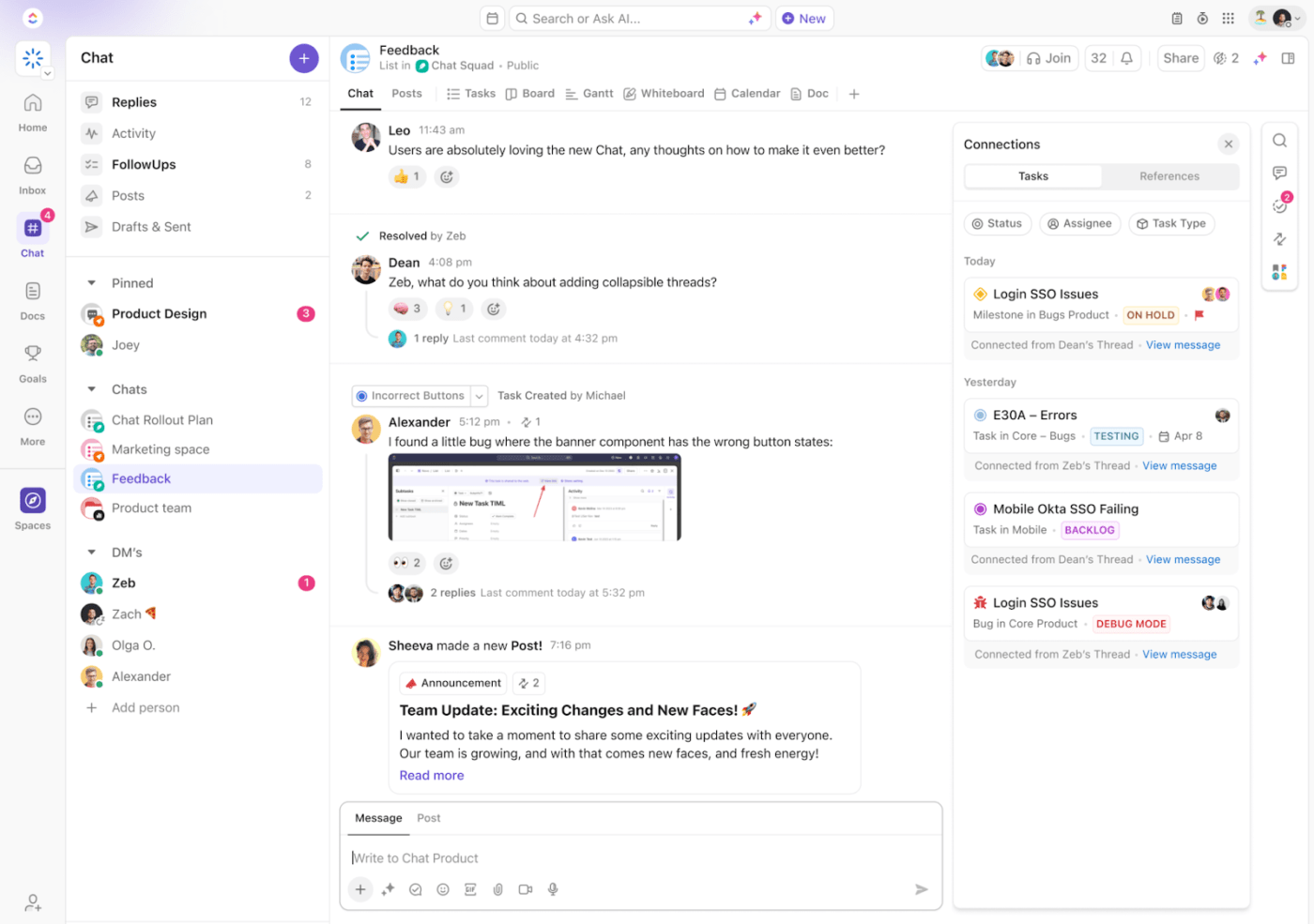 Bring conversations and projects together seamlessly with ClickUp Chat