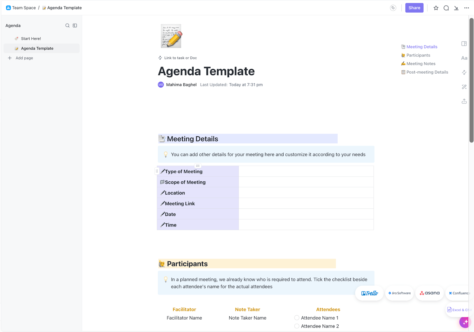 ClickUp’s Agenda Template