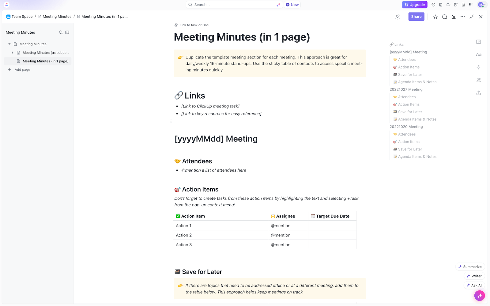 ClickUp’s Meeting Minutes Template