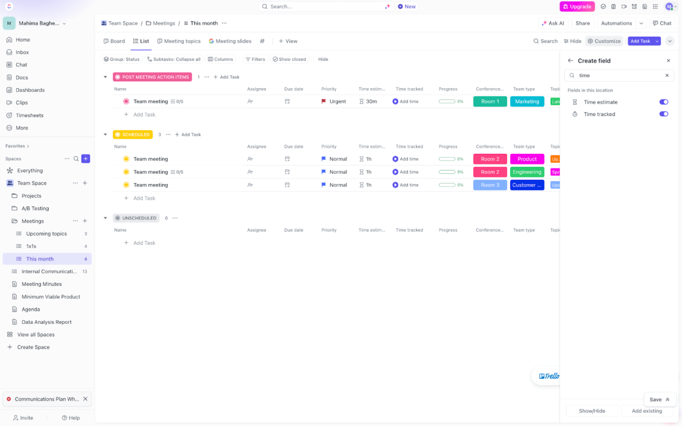 ClickUp’s time-tracking feature