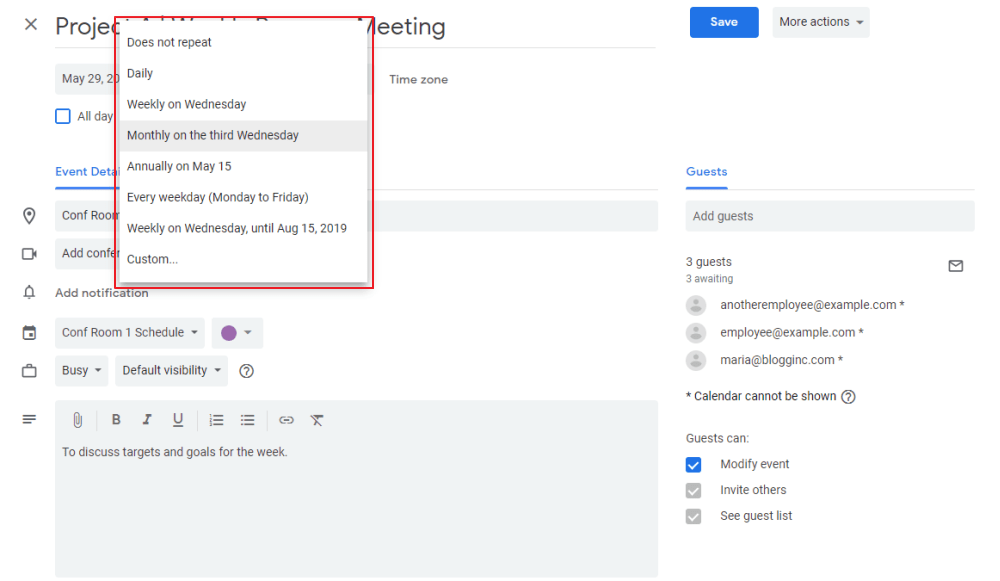 Scheduling recurring meetings in Google Calendar: Recurring Meetings