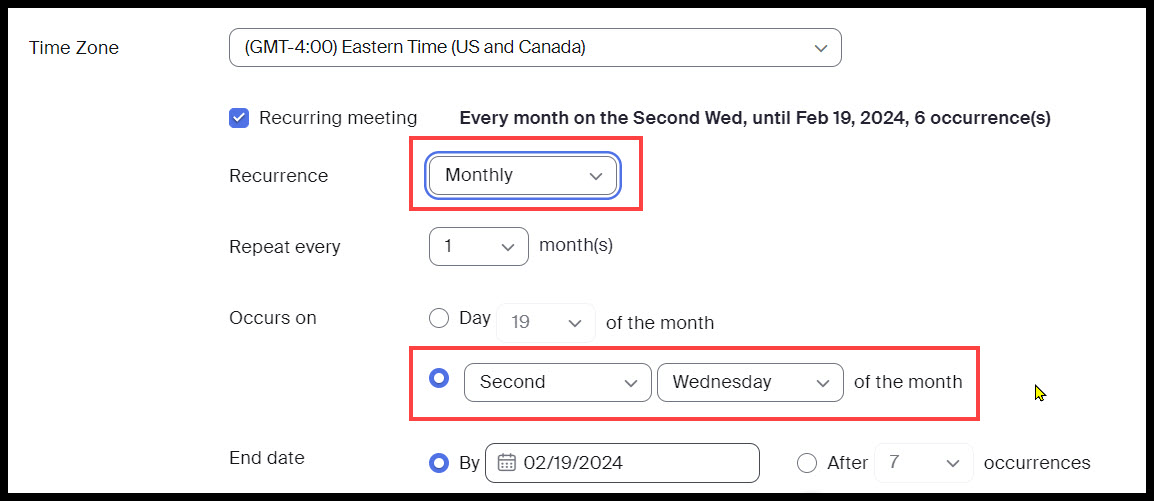 Scheduling recurring team meetings in Zoom: Recurring Meetings