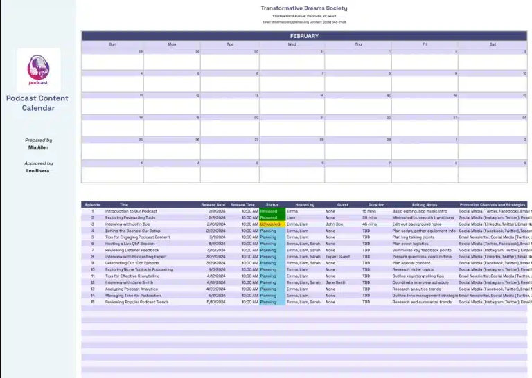 Podcast Content Calendar Template