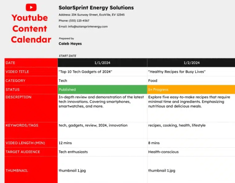 YouTube Content Calendar Template