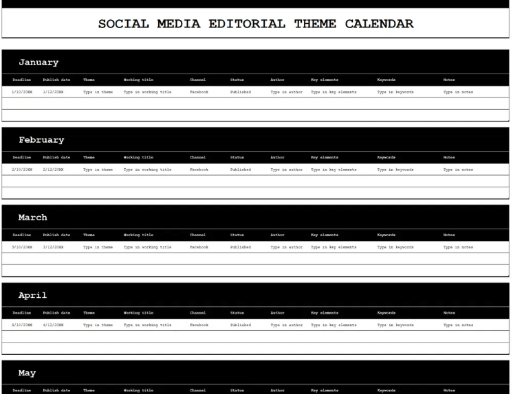 Social Media Platform Editorial Calendar