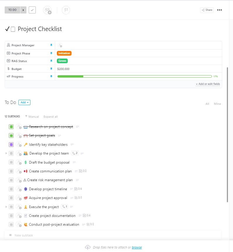 Modello di lista di controllo per il progetto ClickUp