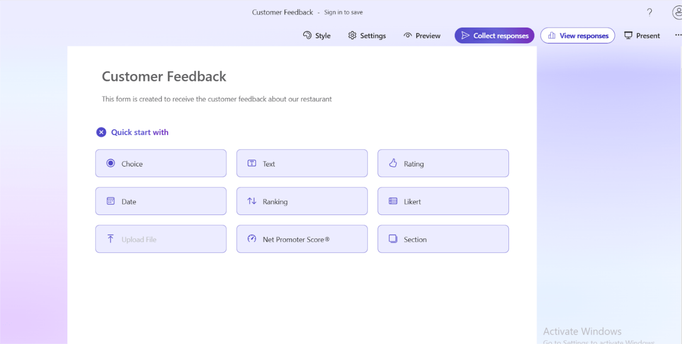 Add questions to your form: How to Create a Survey in Microsoft Forms