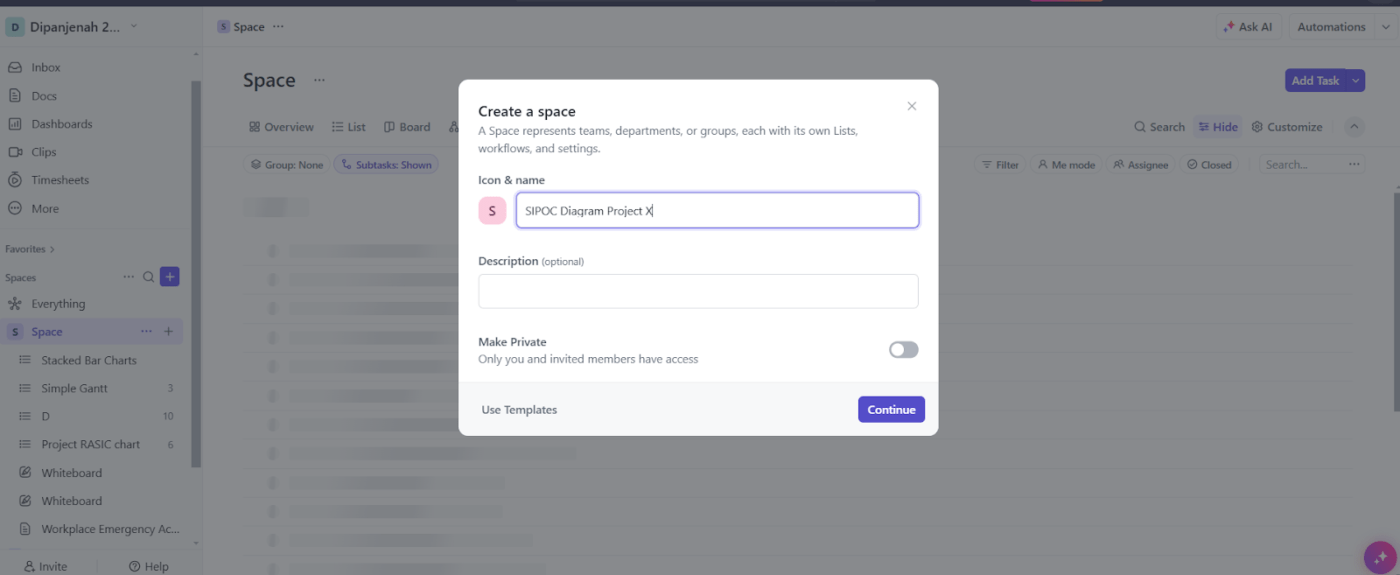 Create a new ClickUp Space: sipoc