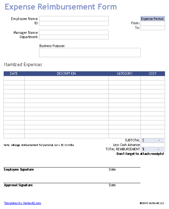 The Excel Expense Reimbursement Form Template