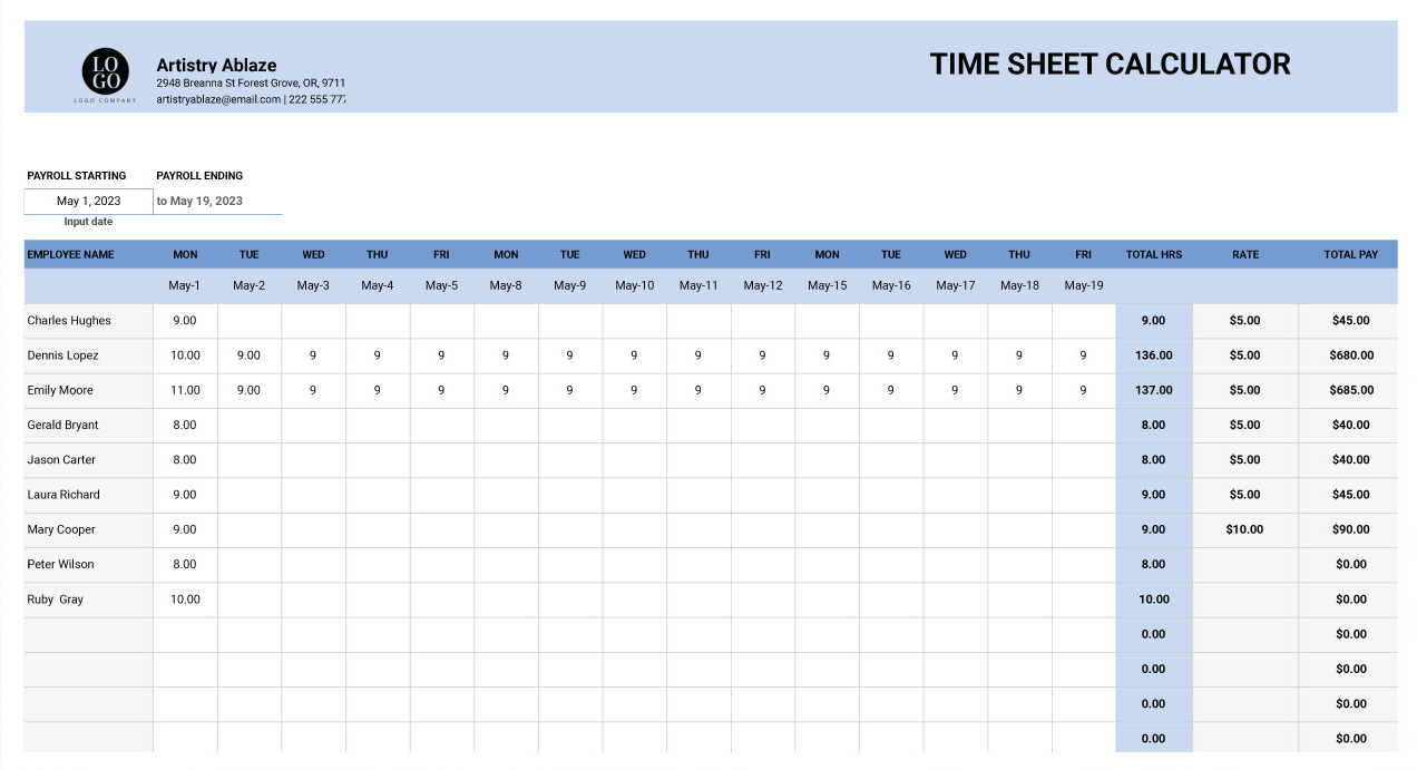 Il modello di calcolatore di tabelle orarie: modello di tabella oraria per google sheet