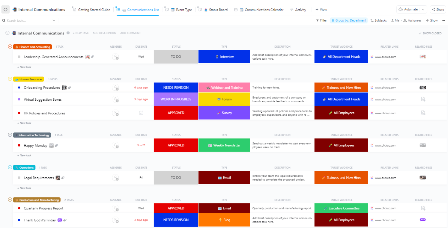 ClickUp Internal Communications Template