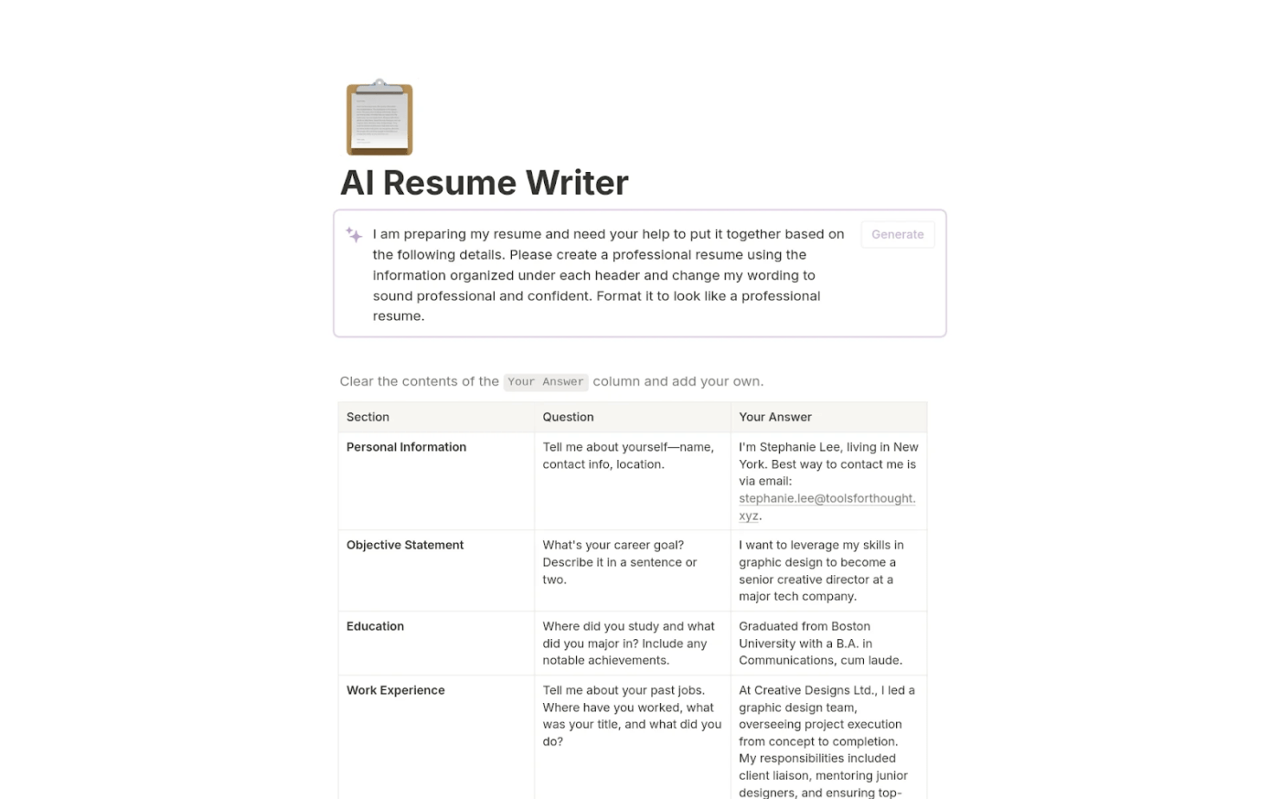 AI Resume Writer Template 