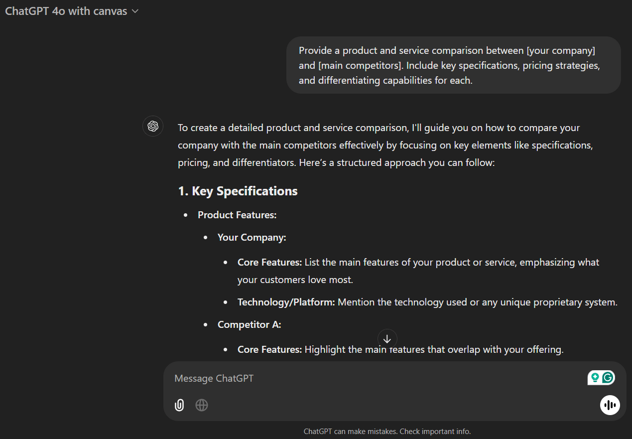 Product and service comparison Prompt: How to Use ChatGPT for Competitor Analysis