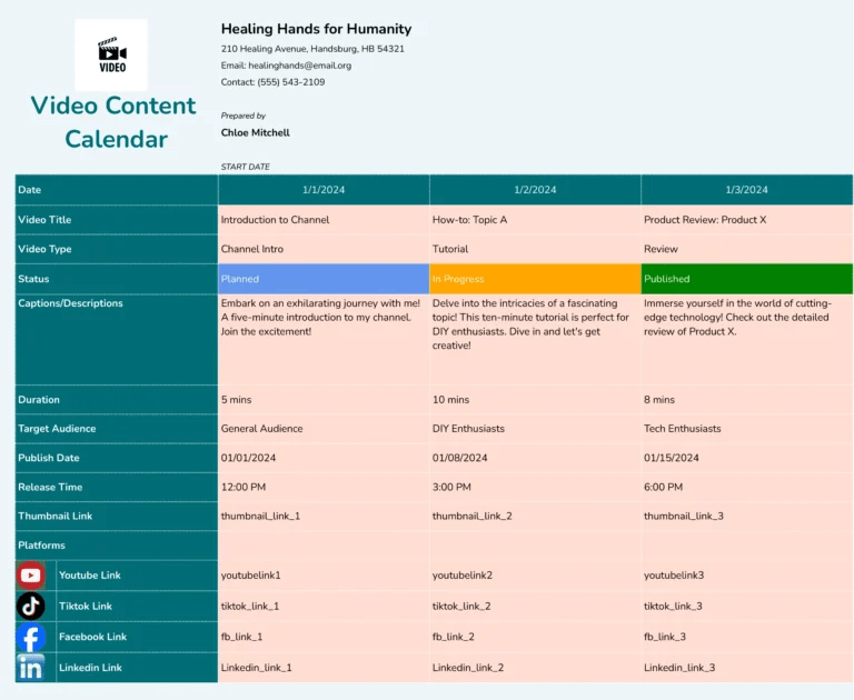 Video Content Calendar Template 