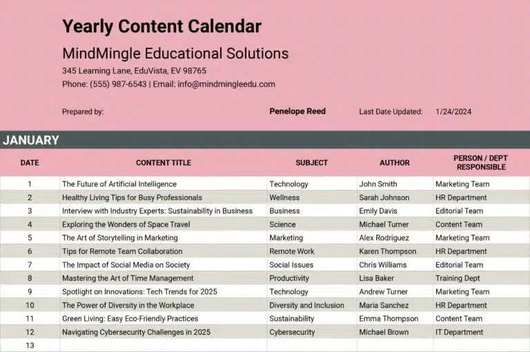 Yearly Content Calendar Template 