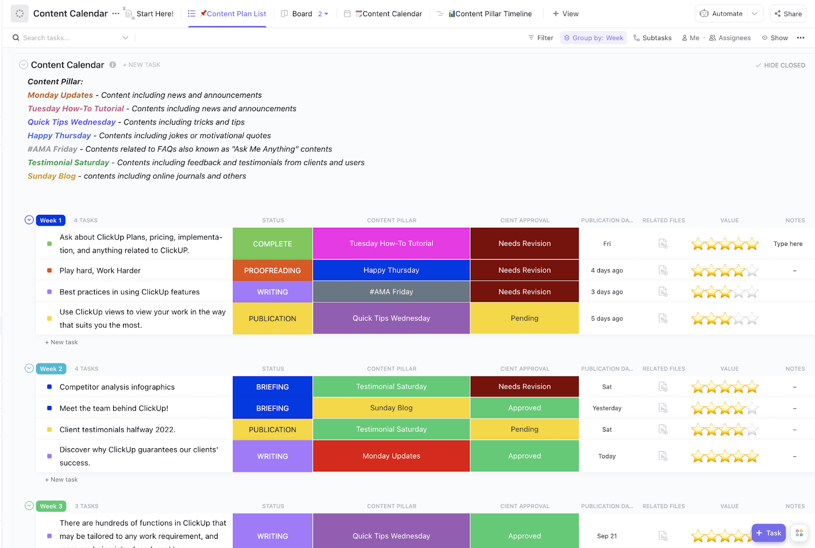 ClickUp Content Calendar List Template