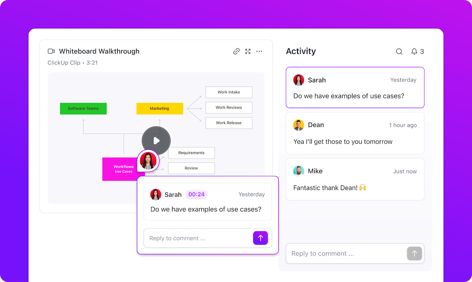 Record your screen with ClickUp Clips and share them with your team for in-depth discussions