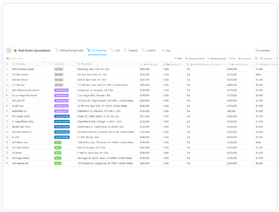 ClickUp Real Estate Spreadsheet Template