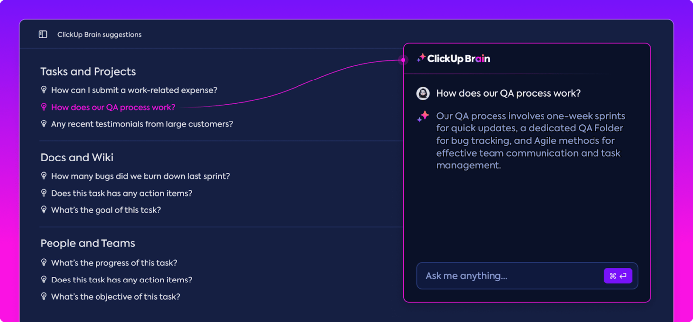 Use ClickUp Brain, one of the most powerful Knowledge based agents in AI