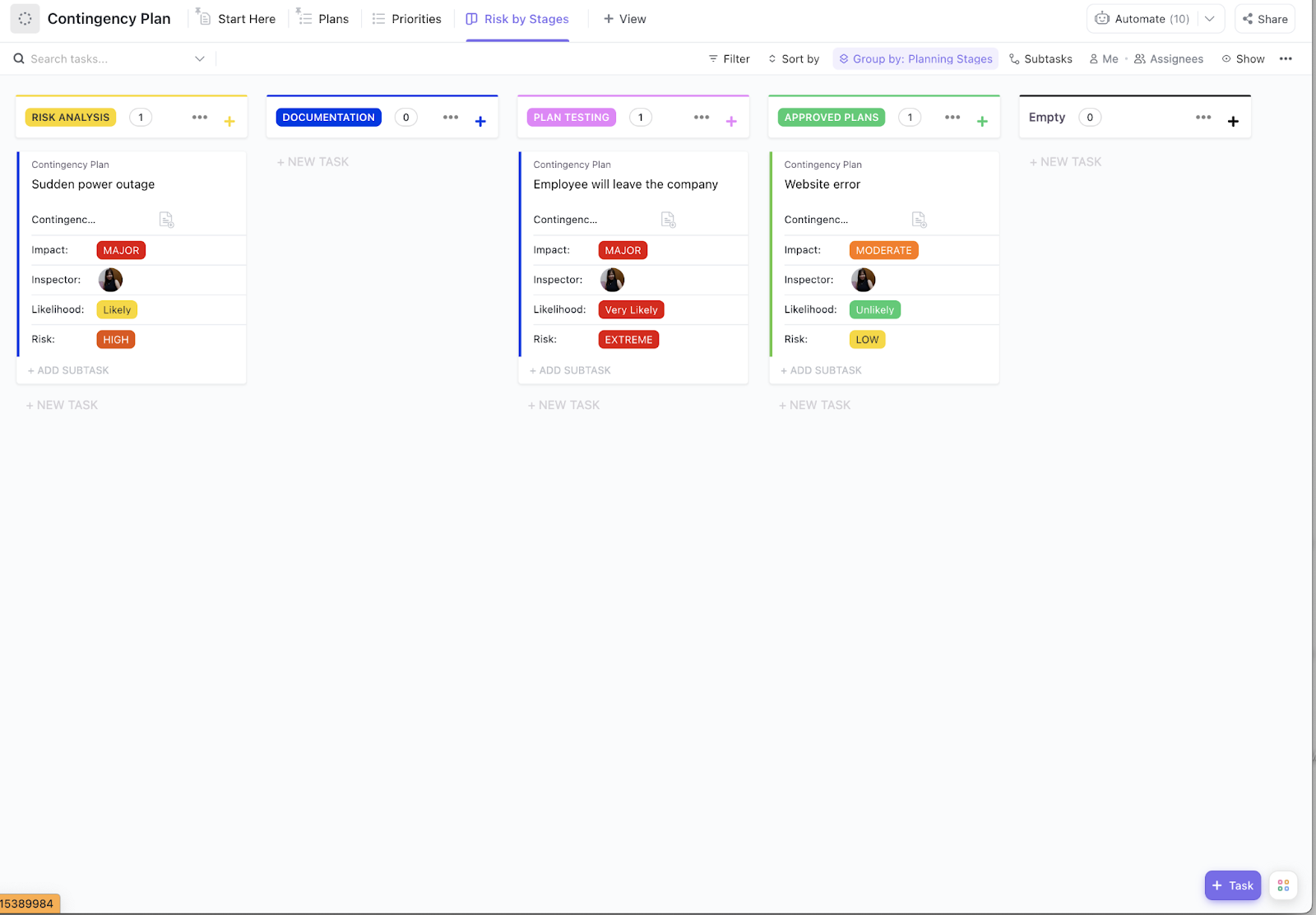 Modelo de plano de contingência do ClickUp  