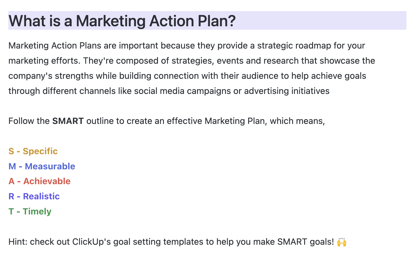 ClickUp Marketing Action Plan Template