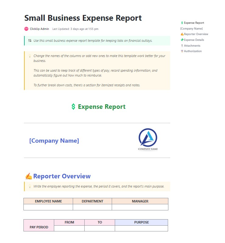 ClickUp Small Business Expense Report Template