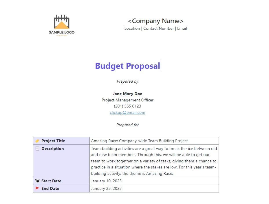 ClickUp’s Budget Proposal Template