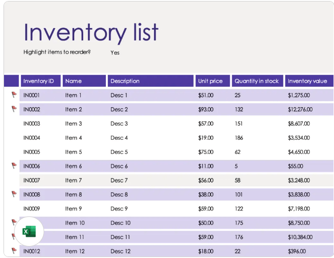 Inventory List With Reorder Highlighting Template