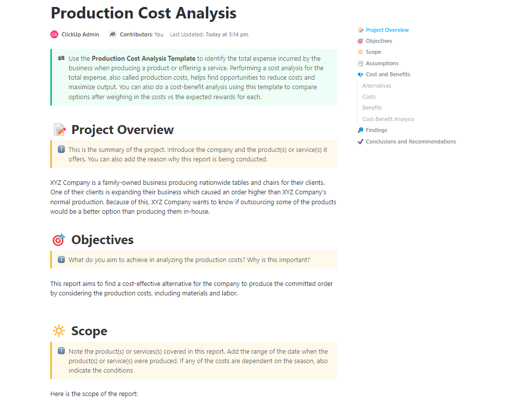 ClickUp Production Cost Analysis Template