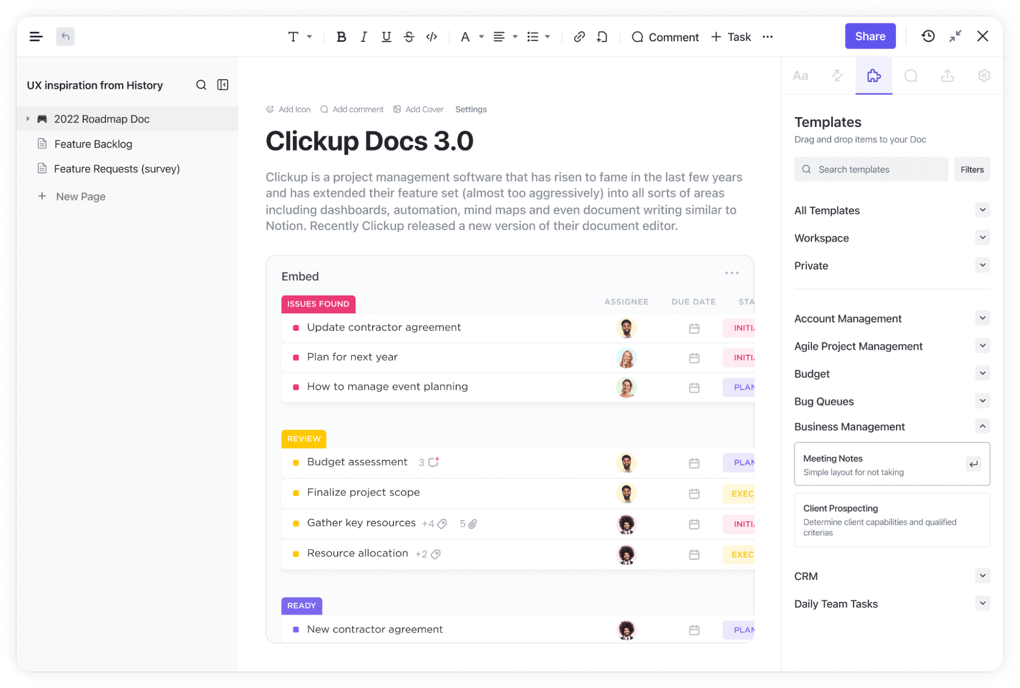 Note down research points and create an interview preparation plan with ClickUp Docs