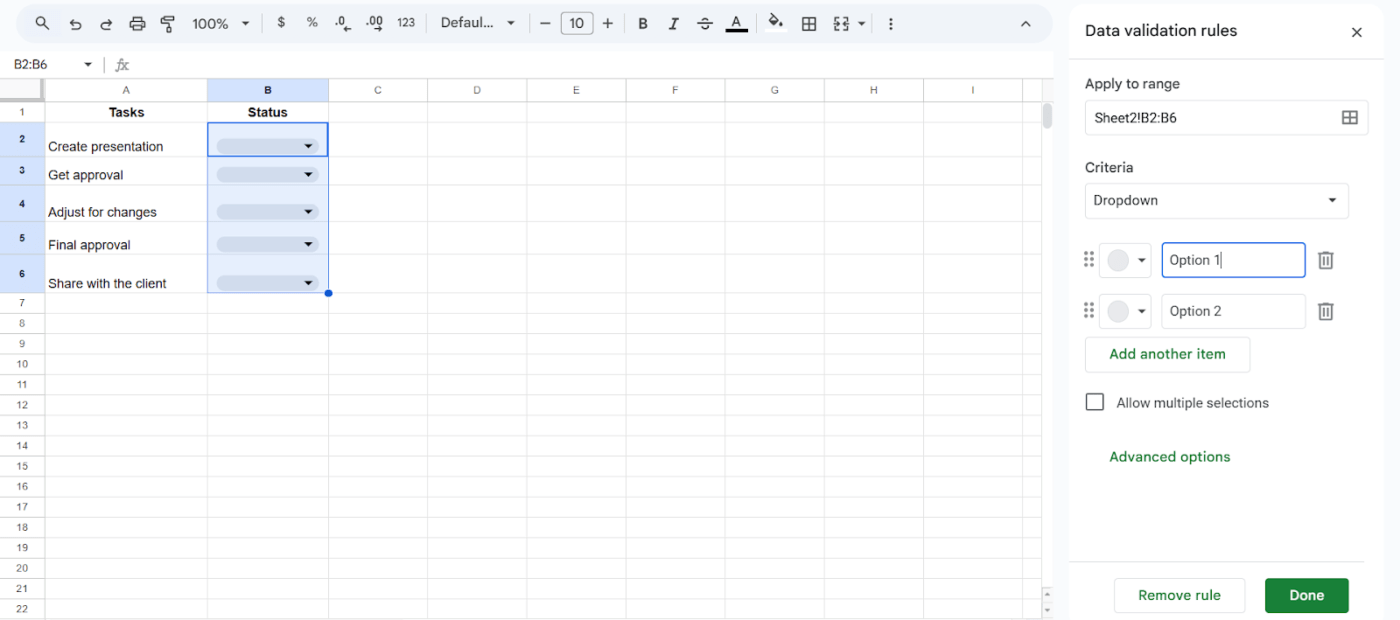 How to insert a checkbox in Google Sheets: Add criteria