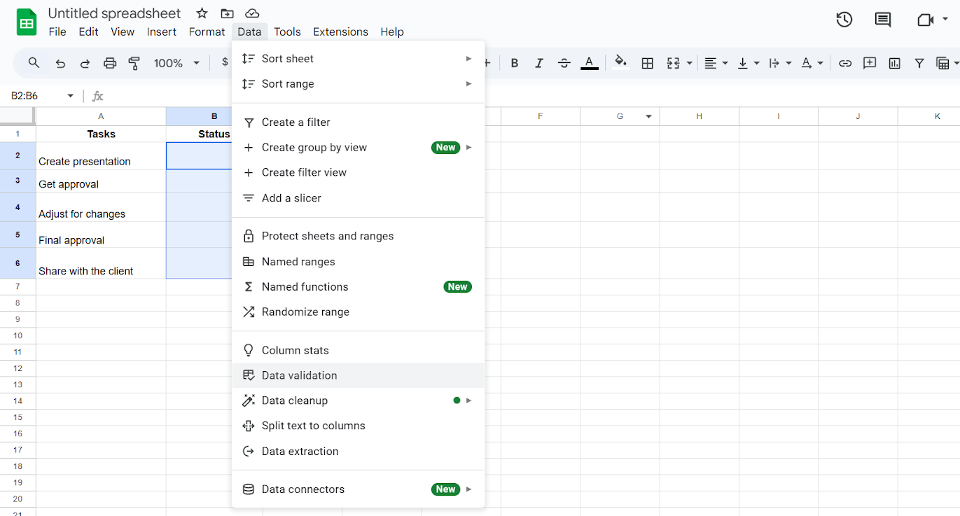 How to insert a checkbox in Google Sheets: Open Data Validation rules 