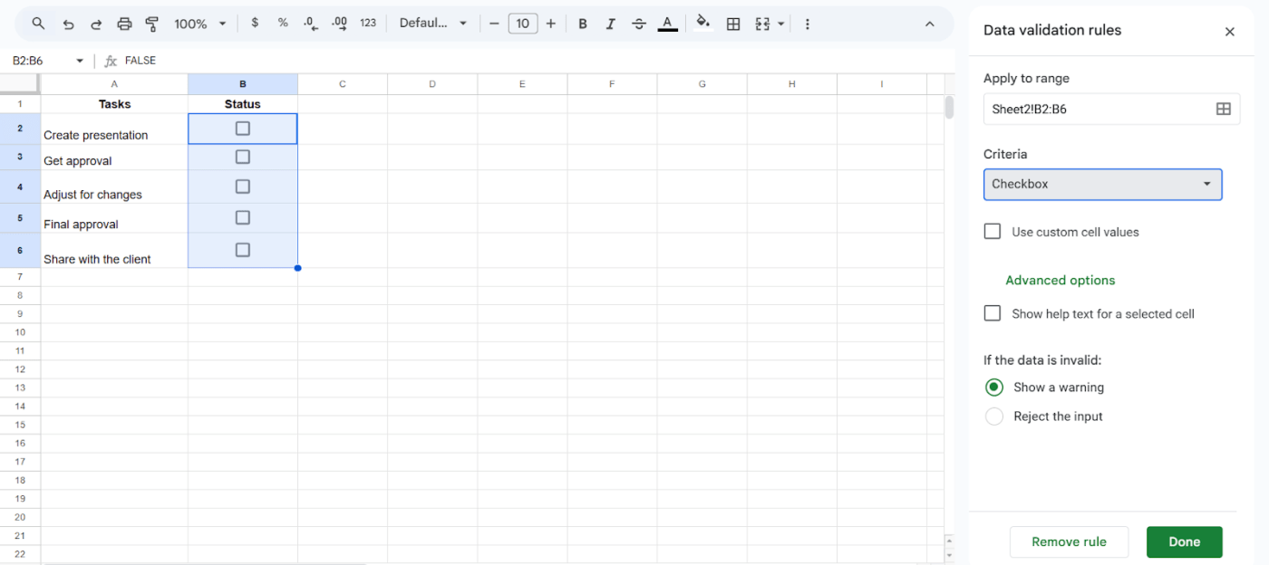 Google Sheets Checkbox Through Data Validation