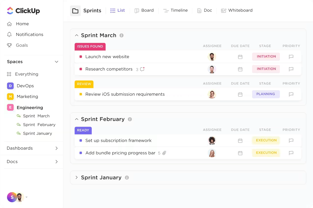 Utilizzate ClickUp for Software Teams per implementare i pilastri di Scrum