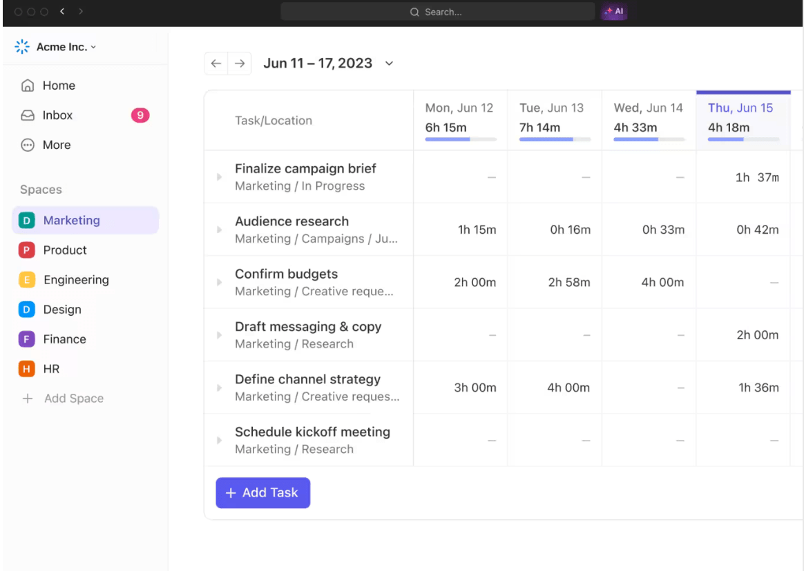 Estilos de gestión del tiempo: Utilice el seguimiento del tiempo de ClickUp para controlar el tiempo dedicado a diferentes tareas