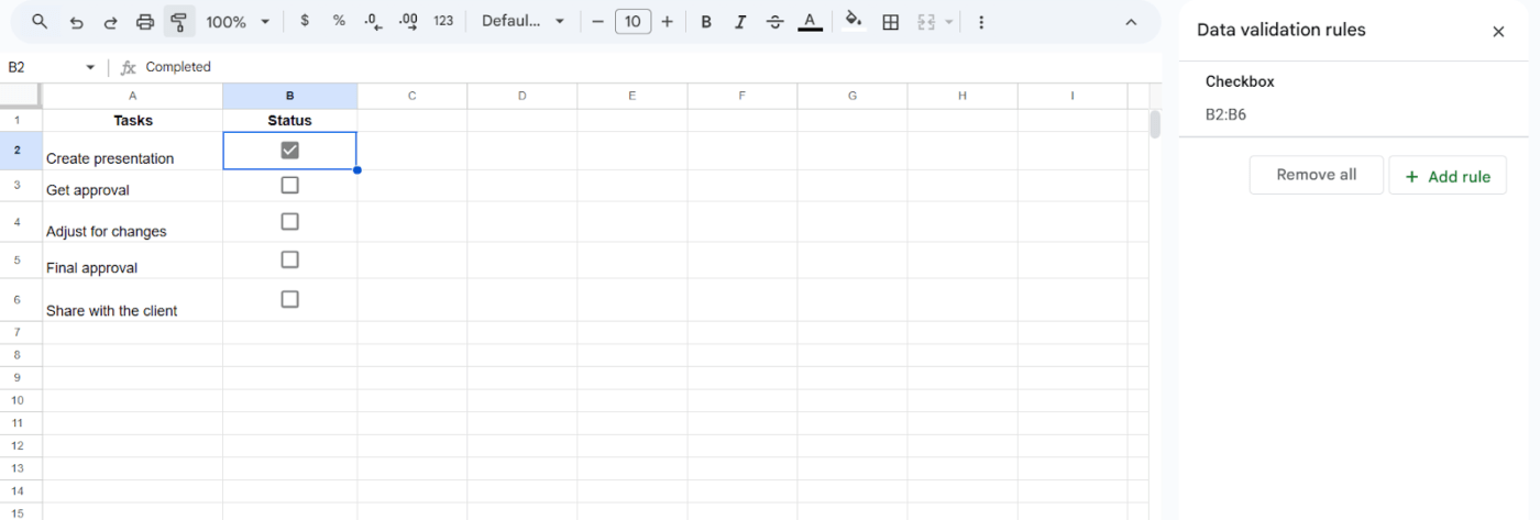 Custom Checkbox Values in Google Sheets Data Validation