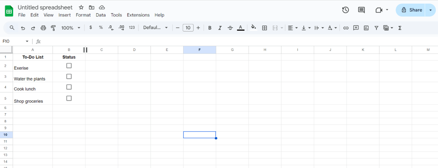 Google Sheet spreadsheet with Checkboxes