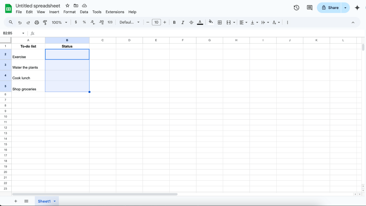 How to insert a checkbox in Google Sheets: Select the cells