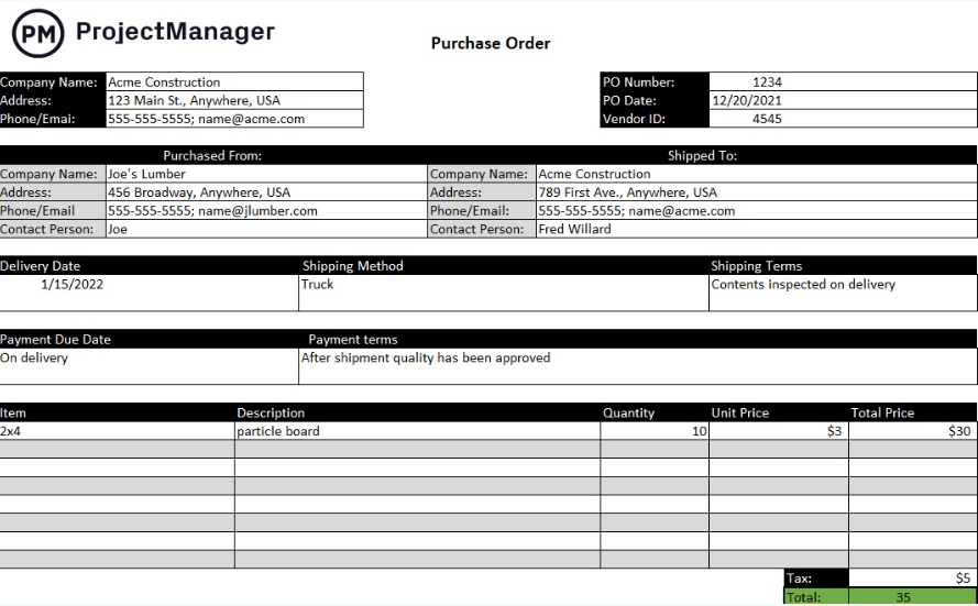 Excel Purchase Order Template by ProjectManager