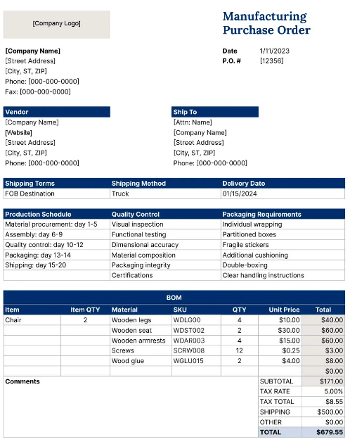 Purchase Order Template excel  by CIN7