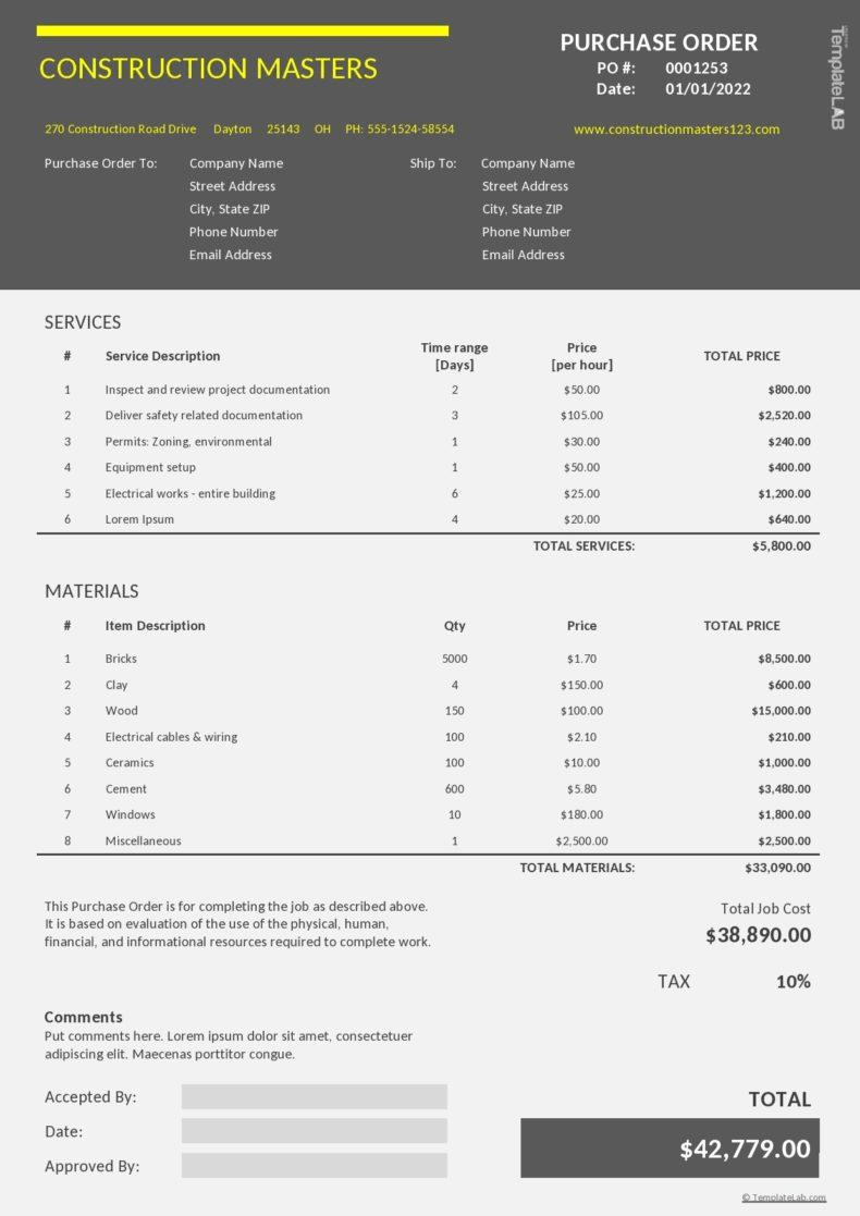 Purchase Order Template excel by TemplateLAB