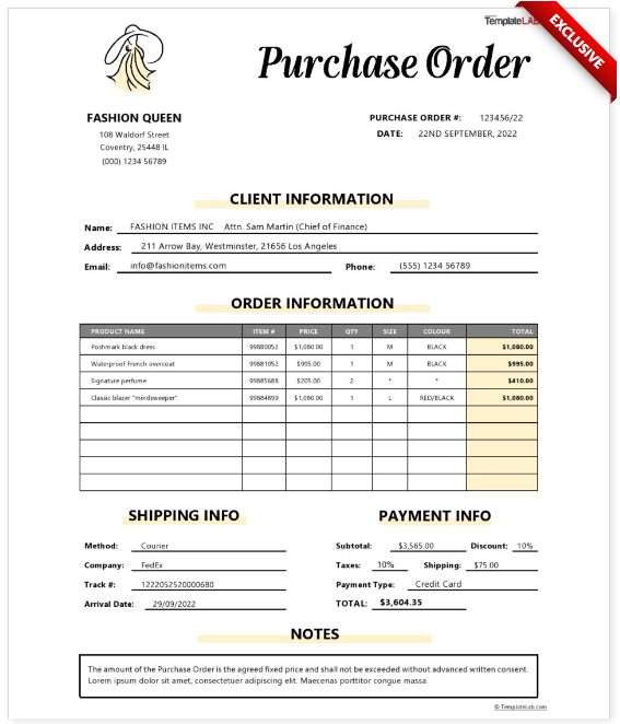 Purchase Order Template excel  by TemplateLAB