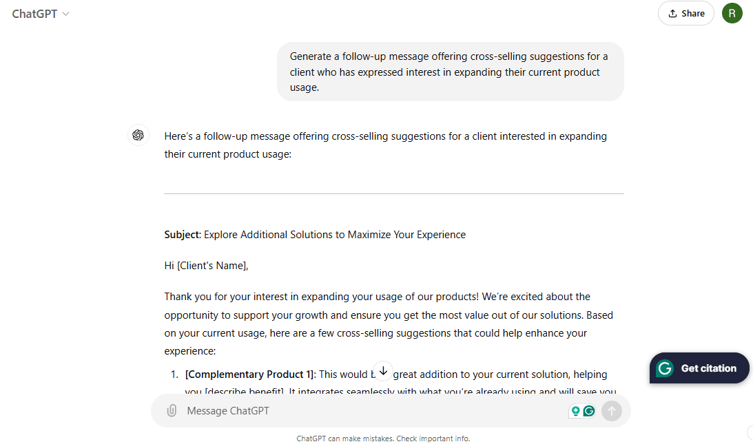 How to Use ChatGPT for Sales - Follow up message offering cross selling suggestions