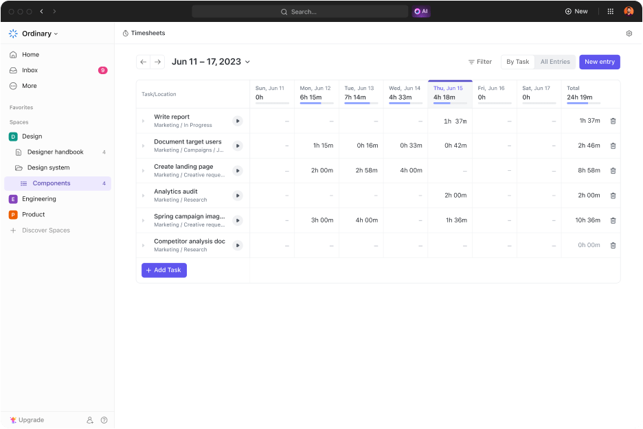 Truy cập báo cáo chi tiết và bảng chấm công với ClickUp Time Tracking: ví dụ về dự án agile