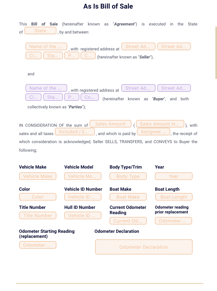 Il modello di fattura di vendita As-Is di Jotform funziona bene per le transazioni che coinvolgono elementi venduti nella loro condizione attuale.