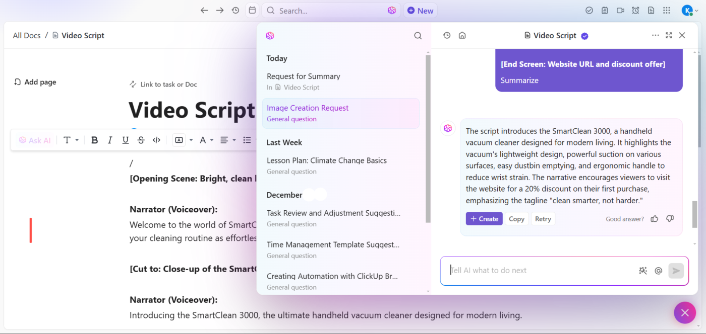 Ask ClickUp Brain to summarize your video script for easy access