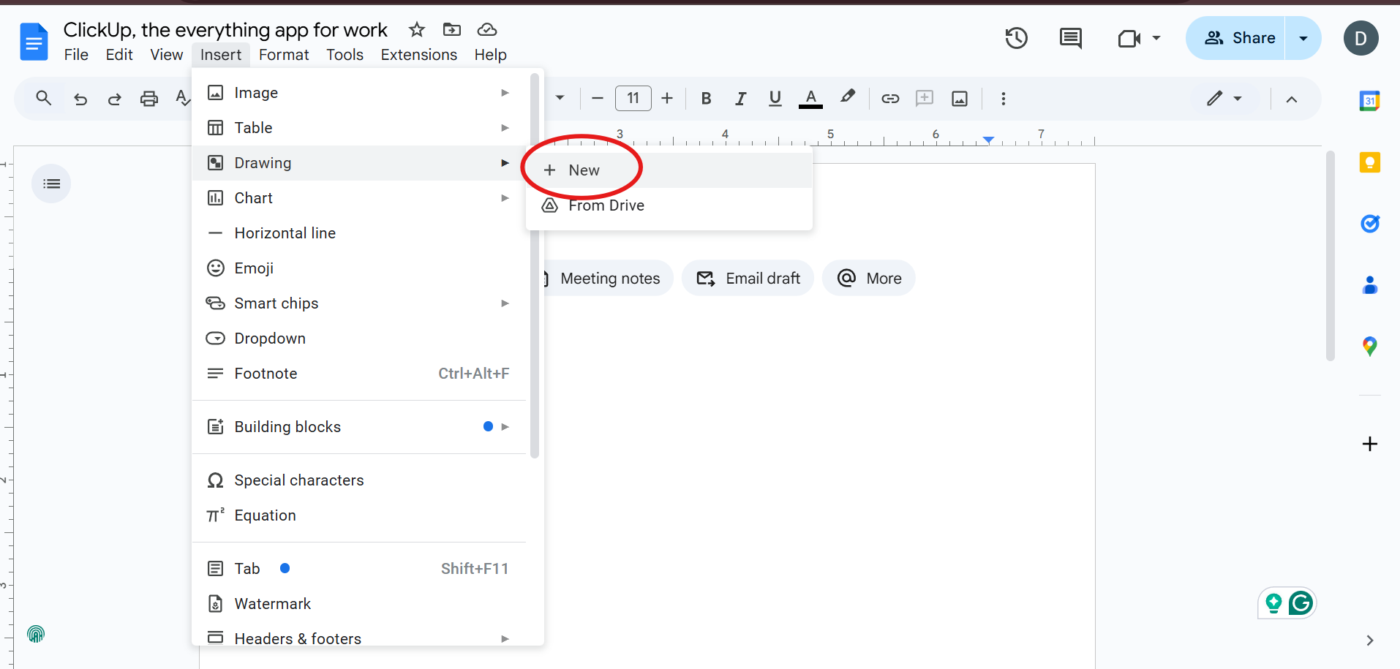 Click + New after hovering over Drawing : how to annotate on Google Docs