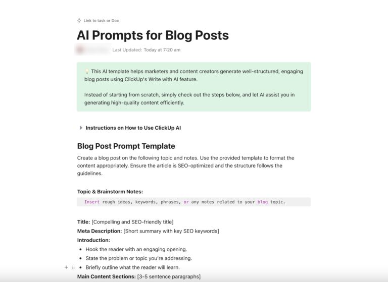 ClickUp AI Prompt for Blog Posts Template